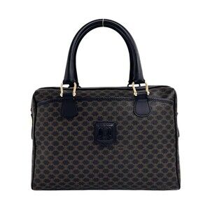 CELINE Vintage Macadam Blazon Pattern Leather Handbag Mini Boston Bag Black B...